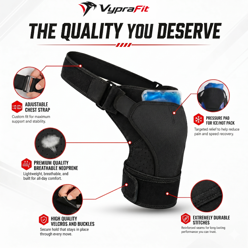Black compression brace with features highlighted on a white background, featuring the VypraFit brand.